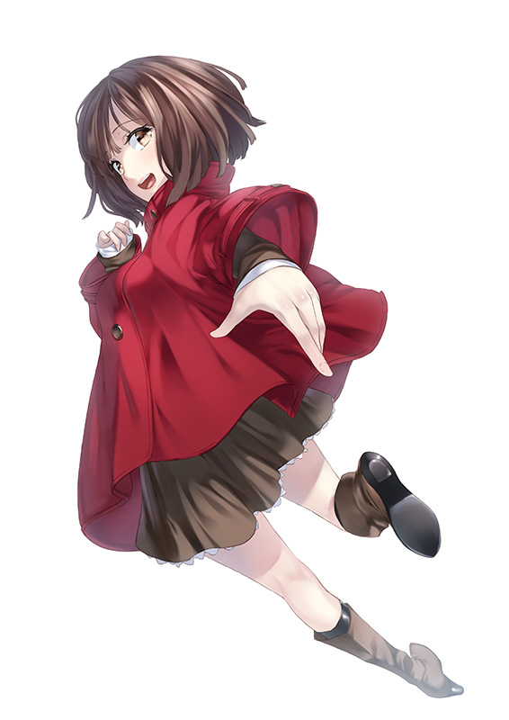 blush boots brown_eyes brown_hair coat dress kyon_(fuuran) looking_at_viewer looking_back open_mouth original outstretched_arm short_hair smile solo