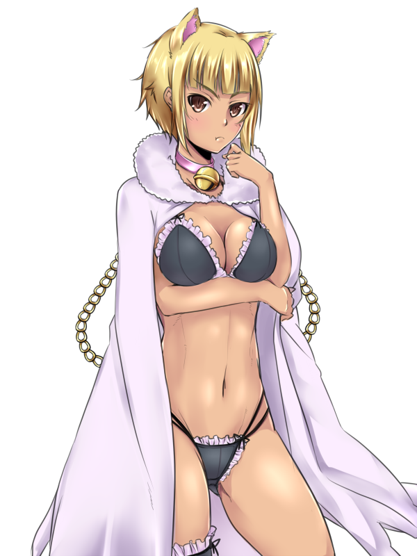 animal_ears bad_id bad_pixiv_id bell bell_collar black_bra black_panties blonde_hair blush bra breast_hold breasts cape cleavage collar frilled_bra frilled_panties frills kuraishi_tanpopo large_breasts panties red_eyes short_hair simple_background solo underwear unko_samurai white_background witch_craft_works yellow_eyes