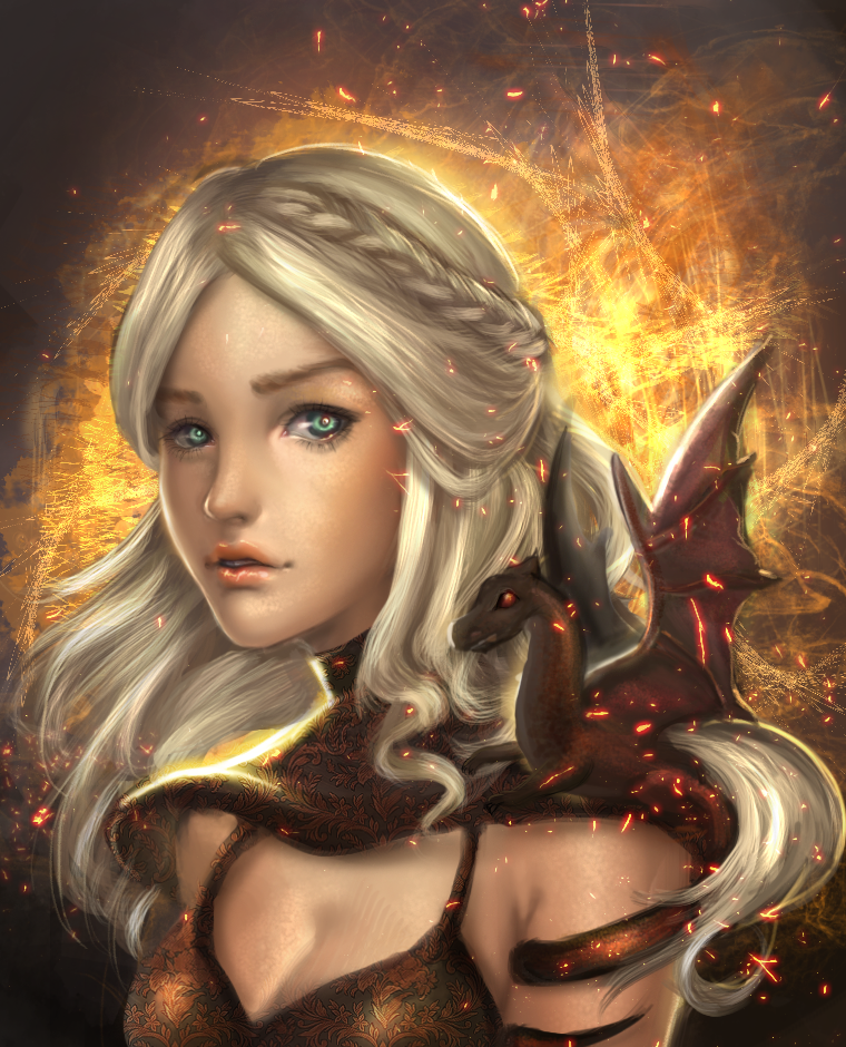a_song_of_ice_and_fire animal animal_on_shoulder bad_id bad_pixiv_id blue_eyes braid breasts cleavage daenerys_targaryen dragon drogon embers french_braid from_side lips long_hair looking_at_viewer medium_breasts parted_lips sangrde tail tail_wrap turtleneck upper_body white_hair