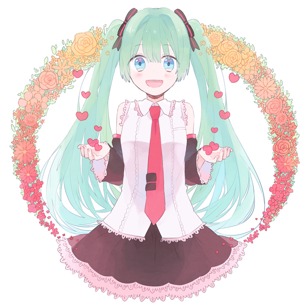 bad_id bad_pixiv_id blue_eyes detached_sleeves flower gomi_chiri green_hair hatsune_miku heart long_hair necktie open_mouth skirt solo twintails vocaloid white_background