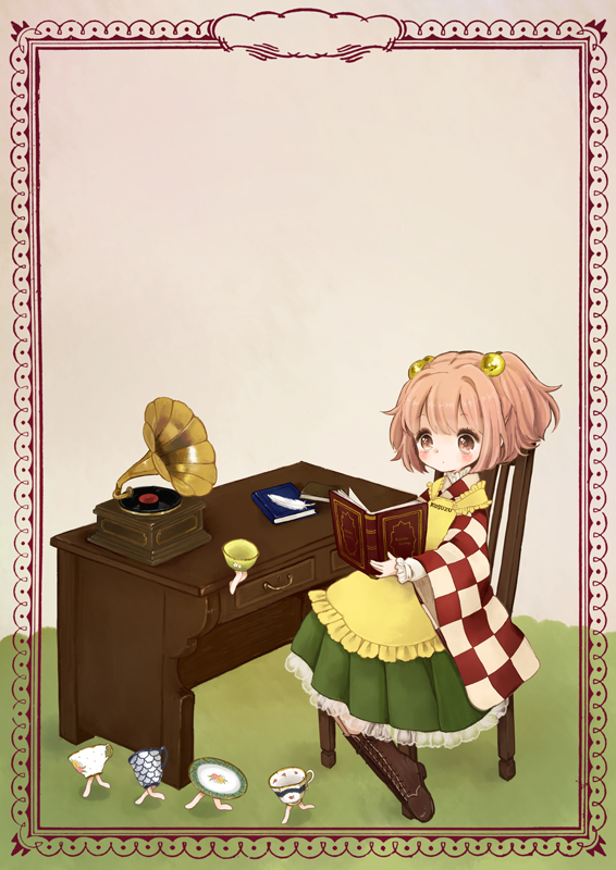 apron bad_id bad_pixiv_id bell book boots chair checkered cup desk hair_bell hair_ornament japanese_clothes mnmktn motoori_kosuzu phonograph quill reading red_eyes red_hair saucer sitting teacup touhou tsukumogami