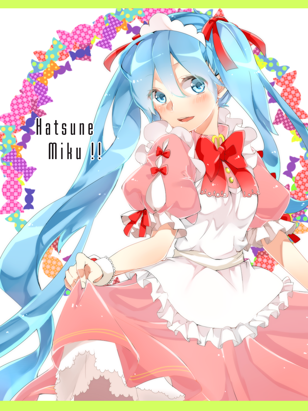 bad_id bad_pixiv_id blue_eyes blue_hair blush character_name collar hair_ribbon hatsune_miku highres kukunn letterboxed long_hair maid ribbon skirt_hold solo twintails very_long_hair vocaloid
