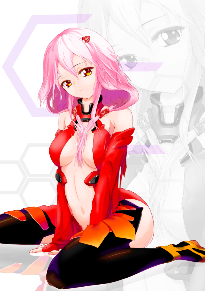 aoisyu bare_shoulders black_legwear breasts center_opening cleavage detached_sleeves fingerless_gloves gloves guilty_crown hair_ornament hairclip large_breasts long_hair looking_at_viewer navel pink_hair red_eyes sitting solo thighhighs twintails wariza yuzuriha_inori
