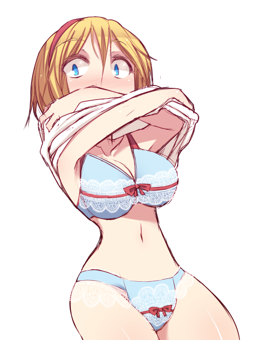 alice-type_underwear alice_margatroid blonde_hair blue_bra blue_panties blush bow bow_bra bow_panties bra breasts cleavage hairband kuresento large_breasts looking_at_viewer navel panties short_hair simple_background solo touhou underwear undressing white_background