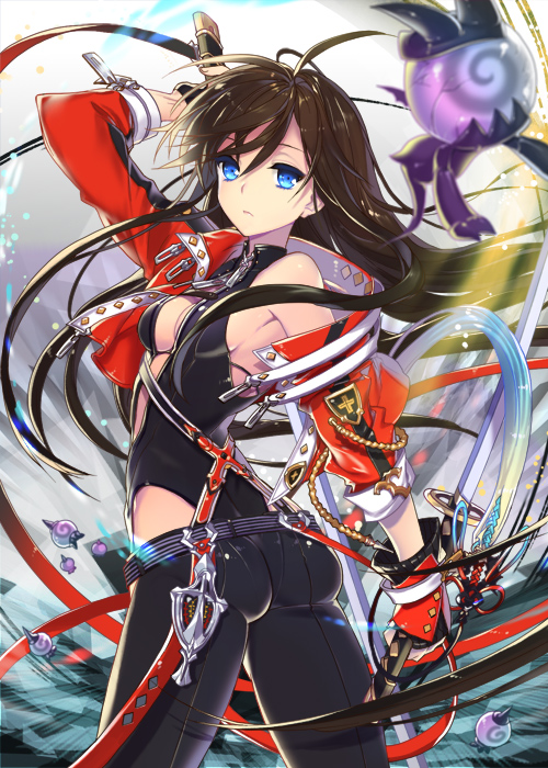 ahoge arm_up armpits bare_shoulders behind_back belt black_hair blue_eyes breasts cleavage dual_wielding empew hips holding holding_sword holding_weapon long_hair looking_at_viewer off_shoulder original sideboob small_breasts softmax solo standing sword weapon