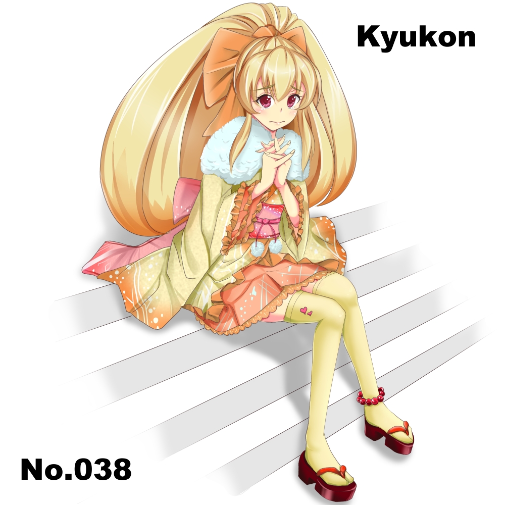 anklet blonde_hair character_name gen_1_pokemon hands_clasped high_ponytail japanese_clothes jewelry long_hair multicolored_hair ninetales noppoago number obi own_hands_together personification pokemon pokemon_number ponytail sandals sash sitting sitting_on_stairs solo stairs thighhighs wavy_mouth wide_ponytail