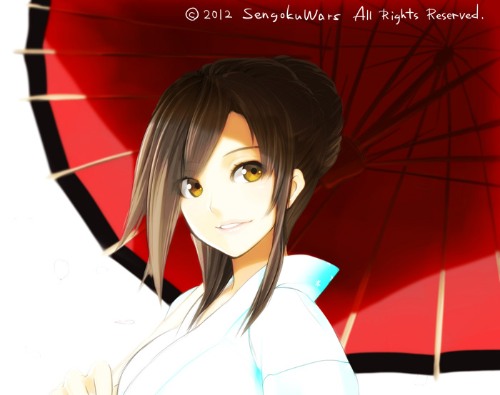 brown_hair character_request hair_bun holding holding_umbrella japanese_clothes kimono lips long_hair looking_to_the_side oriental_umbrella parted_lips poaro sengoku_wars sidelocks simple_background solo umbrella upper_body white_background yellow_eyes