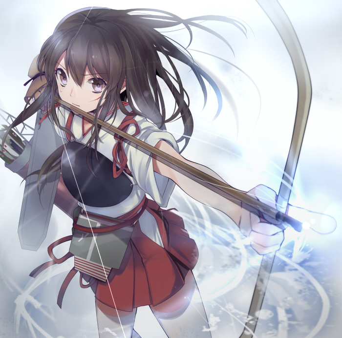 aiming akagi_(kantai_collection) arrow blood bow_(weapon) brown_eyes brown_hair cuts drawing_bow duplicate gloves holding holding_arrow holding_bow_(weapon) holding_weapon injury japanese_clothes kanda_done kantai_collection long_hair muneate outstretched_arm partly_fingerless_gloves quiver single_glove skirt solo tasuki weapon yugake