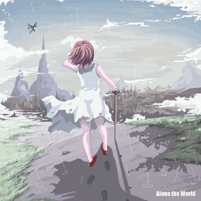 blind brown_hair dress lowres monster mountain nature original outdoors road short_hair tsukumo walking walking_stick white_dress