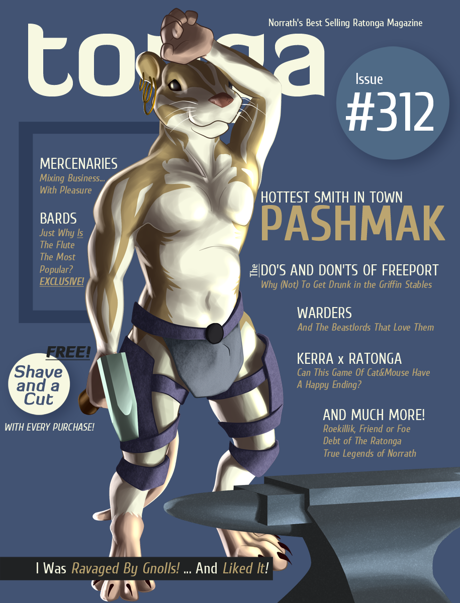 anvil black_eyes blacksmith english_text everquest everquest_2 fake fur hammer magazine_cover mammal rat ratonga rodent solo standing tan_fur text topless unciaa video_games white_fur