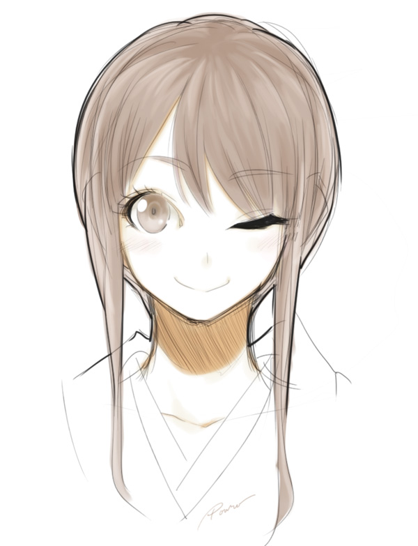 brown_eyes brown_hair collarbone eyelashes japanese_clothes kimono looking_at_viewer one_eye_closed original poaro short_hair_with_long_locks sidelocks signature simple_background sketch smile solo upper_body white_background