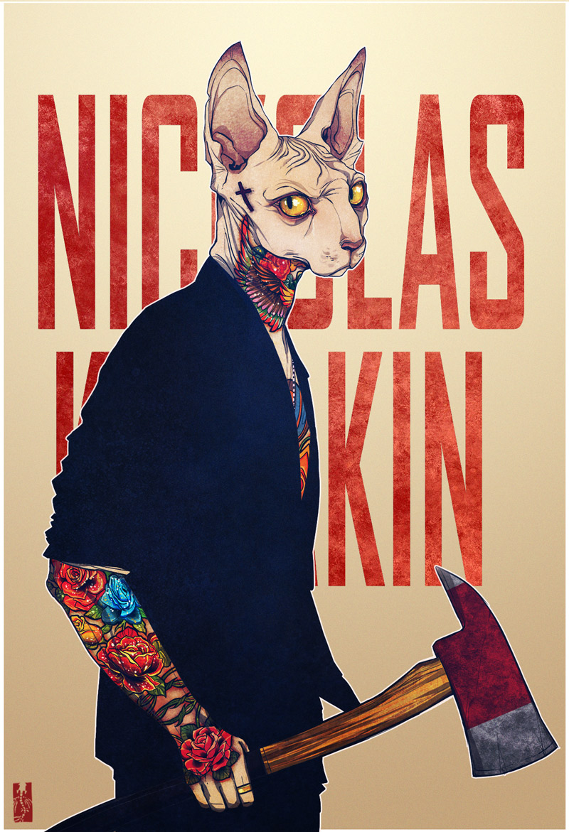 anthro axe big_ears clothing cross feline flower kim_nguyen large_ears looking_at_viewer male mammal ring solo sphinx sphynx suit tattoo text weapon white_skin wrinkles yellow_eyes