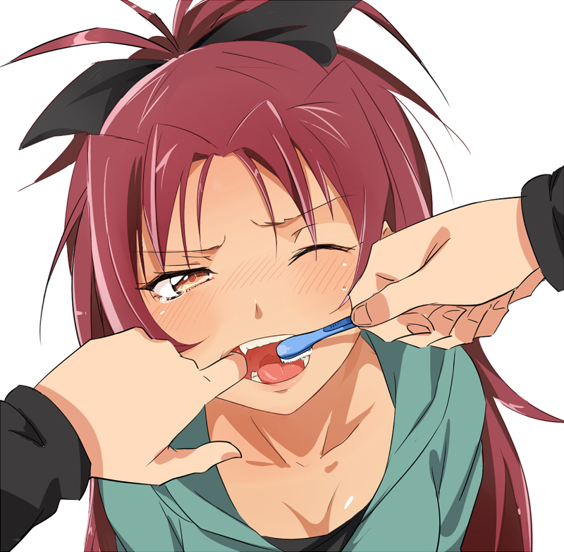 bad_id bad_pixiv_id blush bow breasts brushing_another's_teeth brushing_teeth cleavage fang finger_in_mouth hair_bow hibimegane long_hair mahou_shoujo_madoka_magica medium_breasts monogatari_(series) mouth_pull nisemonogatari one_eye_closed open_mouth ponytail pov red_eyes red_hair sakura_kyouko simple_background solo_focus tears teeth tongue toothbrush white_background wince