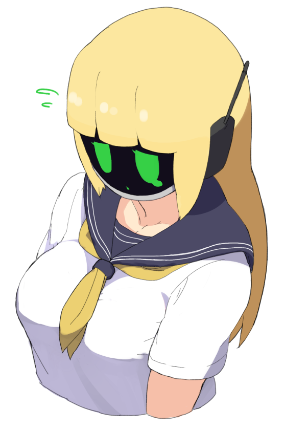 1girl accho_(macchonburike) blonde_hair breasts green_eyes large_breasts long_hair monitor object_head original school_uniform simple_background solo tears