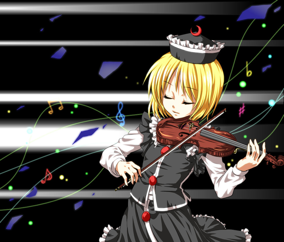 blonde_hair closed_eyes hat instrument lunasa_prismriver music musical_note nora_wanko playing_instrument shards solo touhou violin