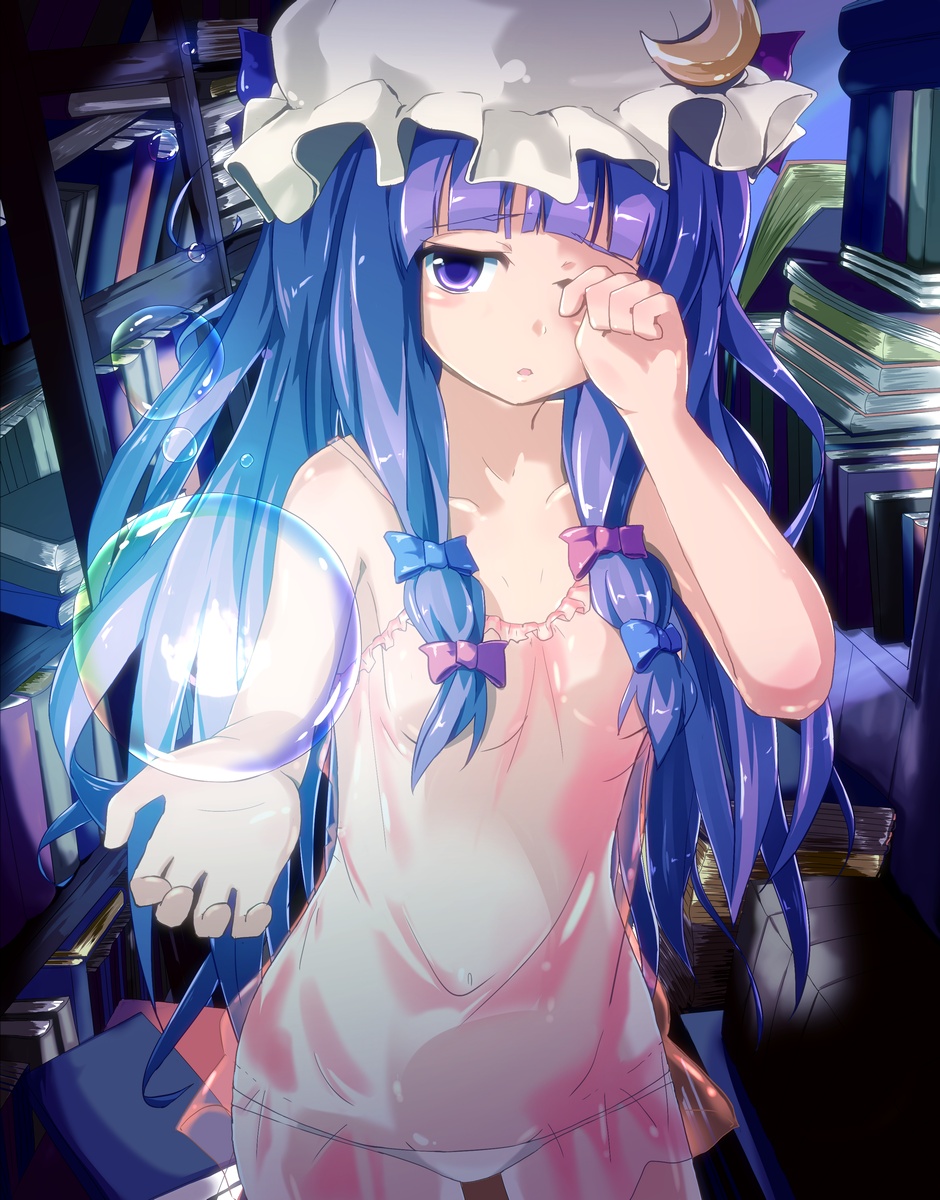 book bubble crescent hair_censor hat highres lingerie lowleg lowleg_panties naka navel negligee outstretched_hand panties patchouli_knowledge purple_eyes purple_hair revision rubbing_eyes see-through shiny sleepy solo touhou underwear water white_panties