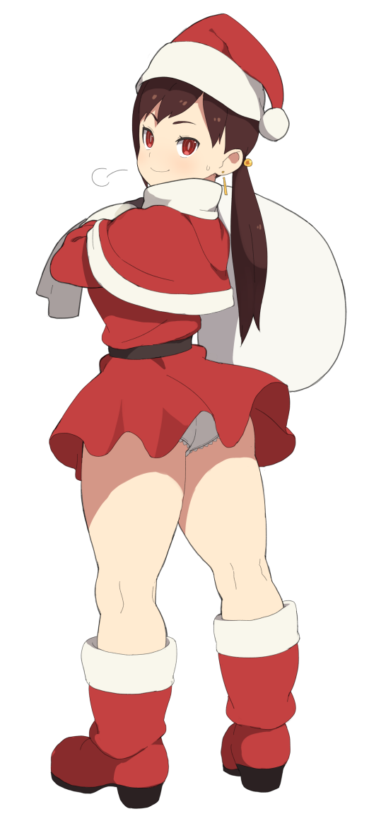 1girl accho_(macchonburike) ass bag bell boots brown_hair dress gloves highres las_vegas_(accho) original red_eyes santa_costume short_dress smile thick_thighs thighs twintails