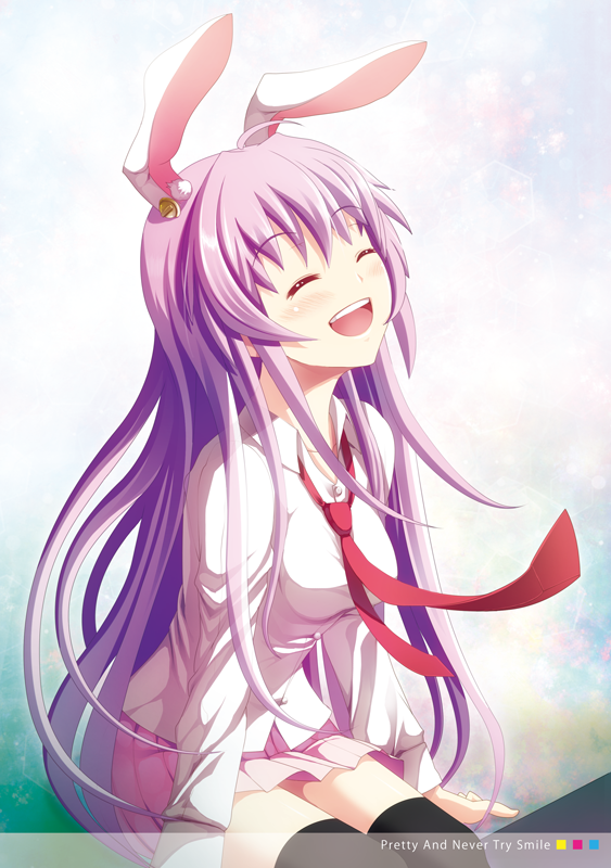 ^_^ animal_ears blush breasts bunny_ears closed_eyes dress_shirt engrish extra_ears gradient gradient_background happy impossible_clothes impossible_shirt long_hair medium_breasts necktie noukatu open_mouth over-kneehighs pleated_skirt purple_hair ranguage red_neckwear reisen_udongein_inaba shirt sitting skirt smile solo thighhighs touhou