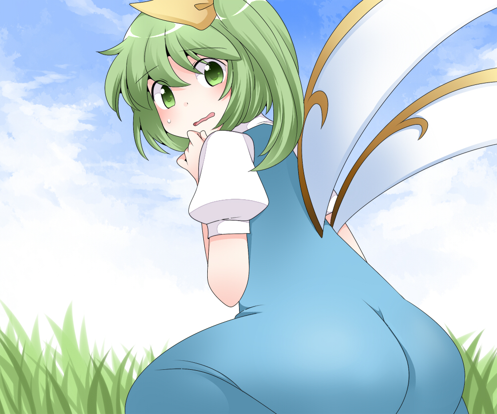 ass back bow commentary_request daiyousei dress dress_shirt green_hair hair_bow hair_ribbon hammer_(sunset_beach) looking_back open_mouth ribbon shirt short_hair side_ponytail touhou wings