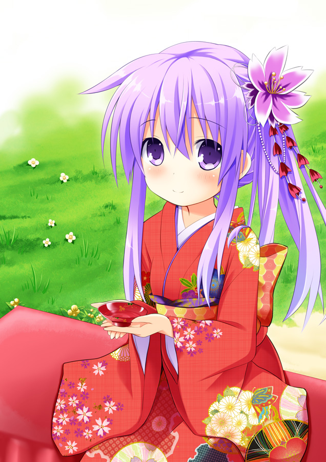 flower hair_flower hair_ornament japanese_clothes kimono long_hair nepgear neptune_(series) purple_eyes purple_hair smile solo taka_(suigendou) younger