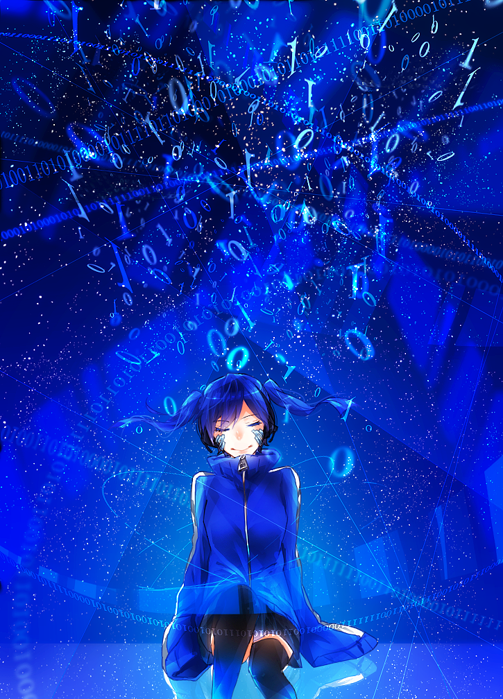 arms_at_sides bad_id bad_pixiv_id binary black_legwear black_skirt blue blue_background blue_hair blue_jacket breasts closed_eyes closed_mouth ene_(kagerou_project) facing_viewer floating_hair headphones invisible_chair jacket kagerou_project kokeshi_ya long_hair long_sleeves miniskirt sitting skirt sleeves_past_fingers sleeves_past_wrists small_breasts smile solo thighhighs track_jacket turtleneck twintails zipper
