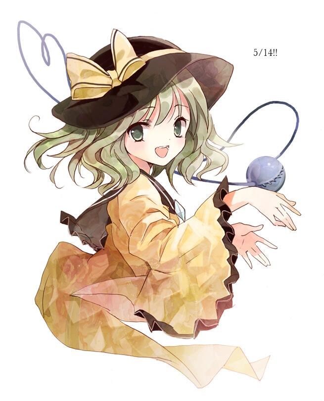 bad_id bad_twitter_id blush cierra_(ra-bit) dated eyeball frills green_eyes green_hair hat hat_ribbon heart heart_of_string komeiji_koishi long_sleeves looking_at_viewer open_mouth portrait ribbon shirt short_hair simple_background smile solo string text_focus third_eye touhou wavy_hair white_background wide_sleeves