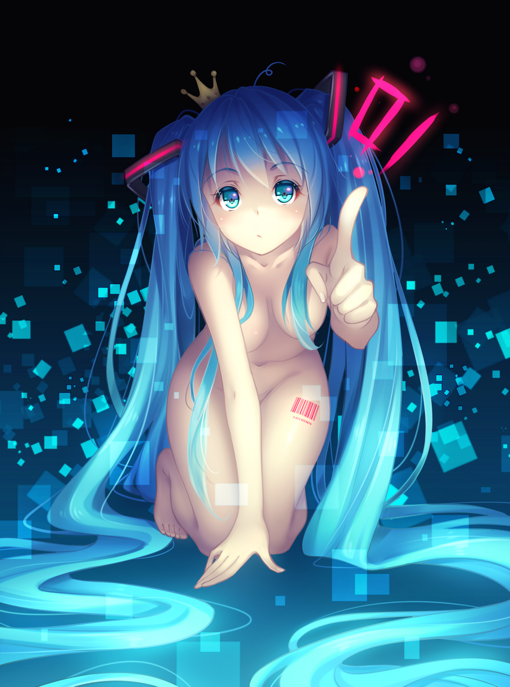 :/ arm_support barcode barefoot blue_eyes blue_hair breasts censored convenient_censoring crown hair_censor hatsune_miku highres kneeling leaning_forward long_hair medium_breasts mini_crown nude number pointing solo tidsean twintails very_long_hair vocaloid