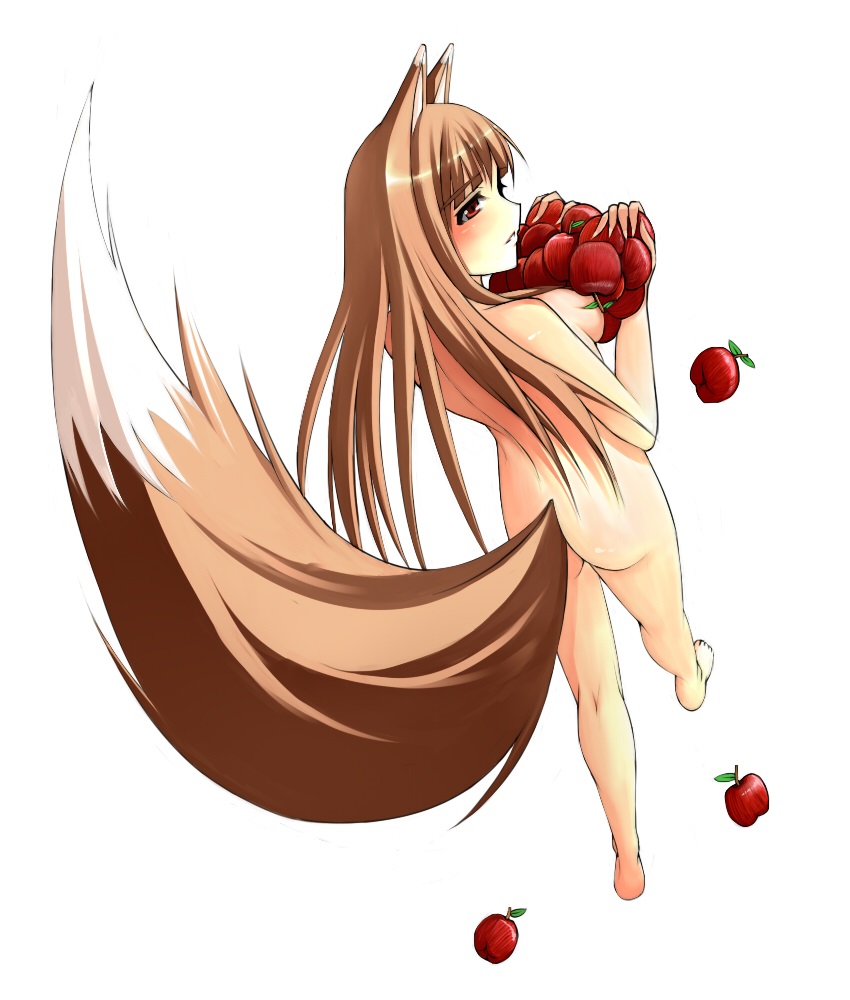 1girl animal_ears apple ass back bare_shoulders barefoot blush breasts carrying feet female food foreshortening from_above from_behind fruit full_body holo kneepits legs long_hair looking_back metalbolic nude parted_lips profile simple_background solo spice_and_wolf standing tail walking white_background wolf_ears wolf_tail