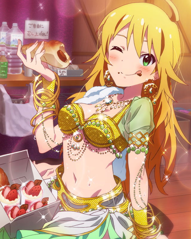 ahoge artist_request blonde_hair chocolate_cornet earrings eating food food_on_face green_eyes hoshii_miki idolmaster idolmaster_(classic) idolmaster_million_live! jewelry licking_lips long_hair midriff navel official_art one_eye_closed tongue tongue_out