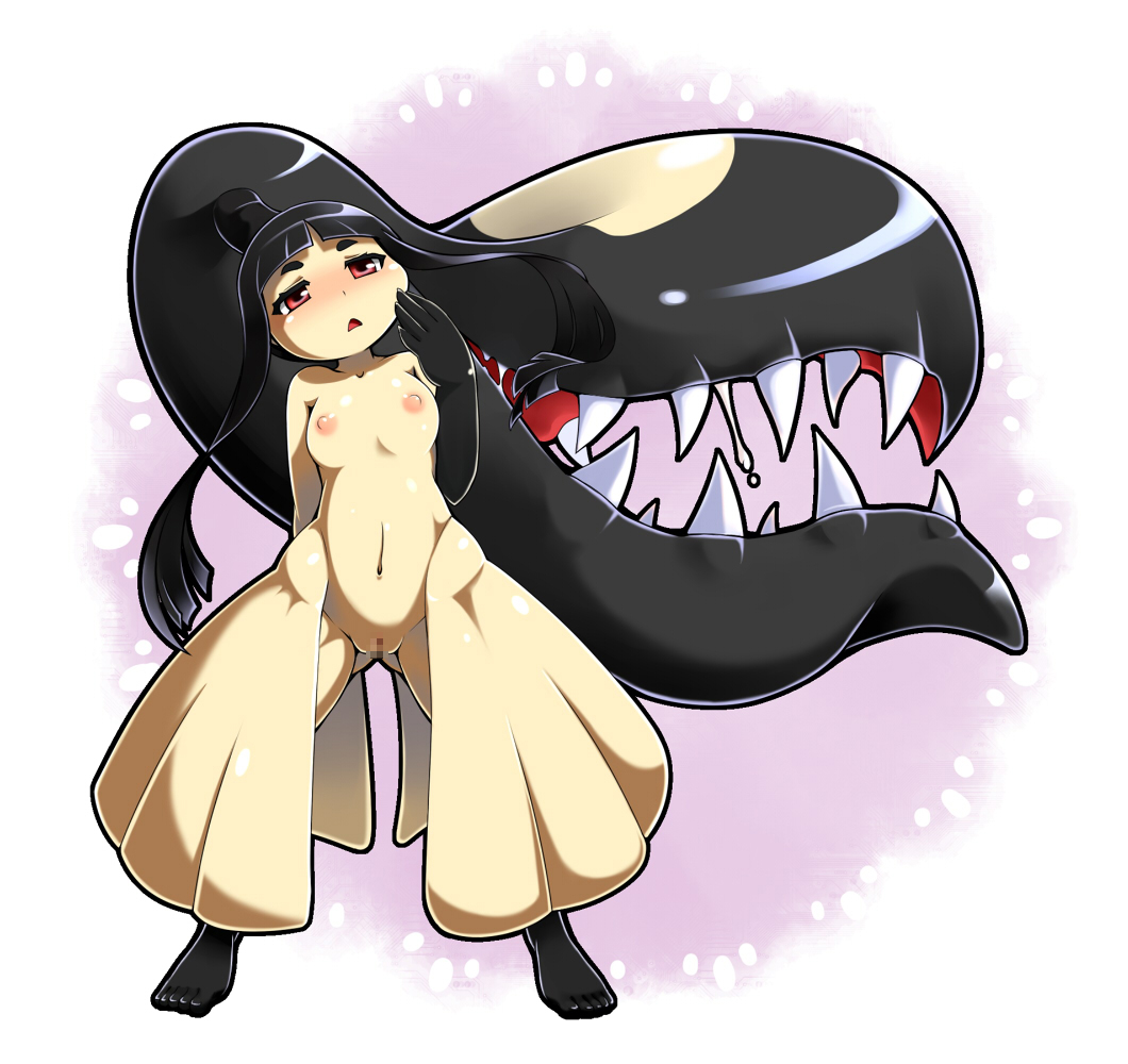 blush extra_mouth flat_chest gen_3_pokemon long_hair mawile navel nipples no_humans open_mouth pokemon pokemon_(creature) pussy red_eyes shimanto_youta simple_background solo
