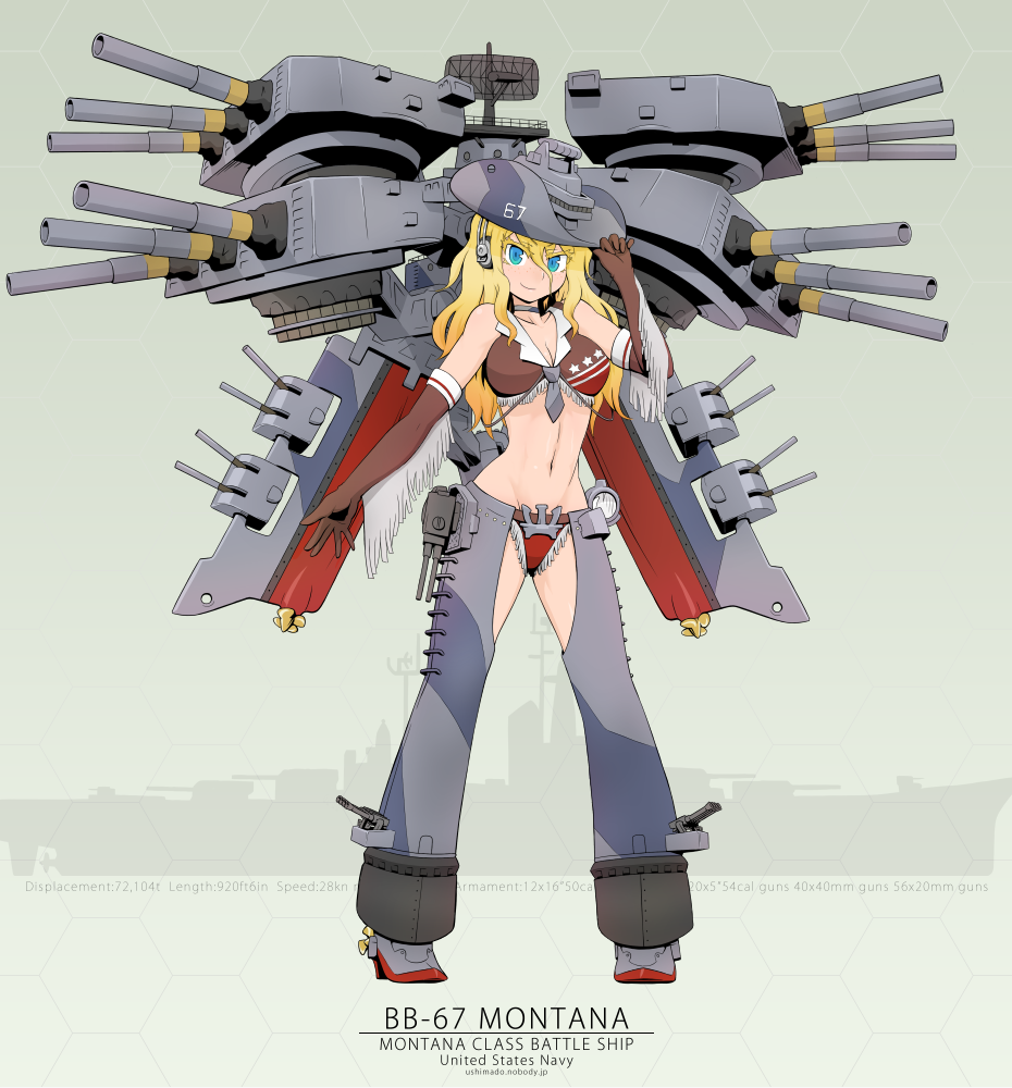 adjusting_clothes adjusting_hat america blonde_hair blue_eyes breasts cannon chaps choker cleavage cowboy_hat elbow_gloves fringe_trim full_body gloves hat hex_grid kantai_collection long_hair md5_mismatch medium_breasts midriff original radar smile solo turret us_navy ushimado uss_montana_(bb-67) western