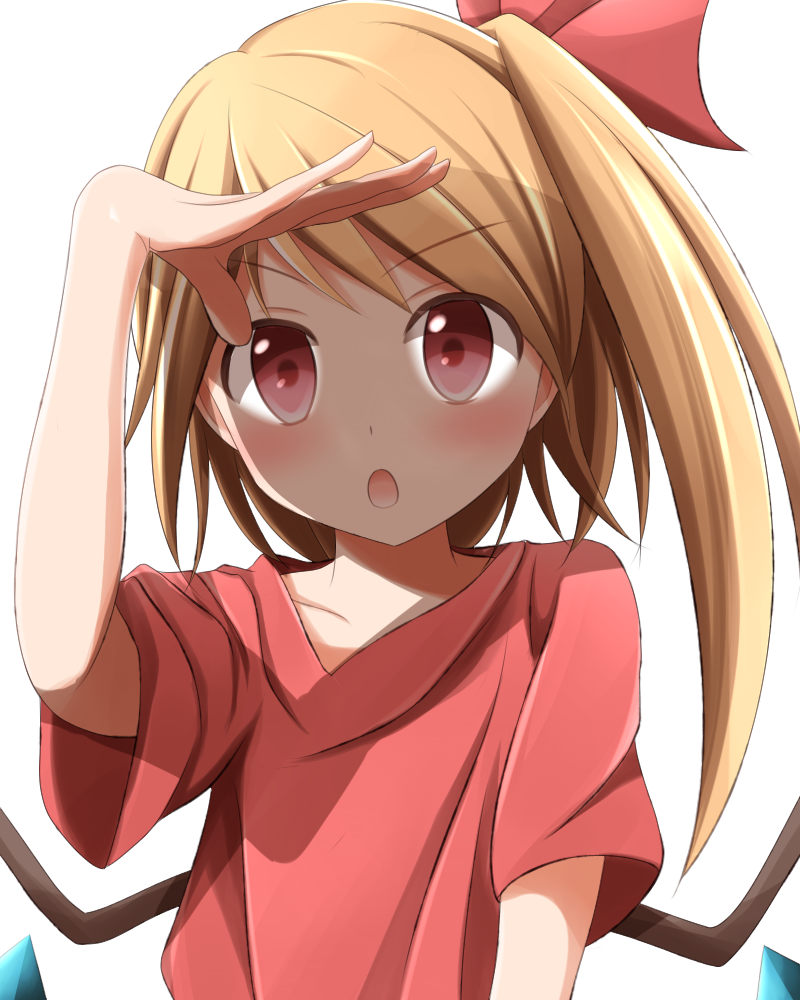 blonde_hair bow flandre_scarlet hair_bow hand_over_face kuroganeruto open_mouth oversized_clothes red_eyes red_shirt shirt side_ponytail solo touhou white_background wings