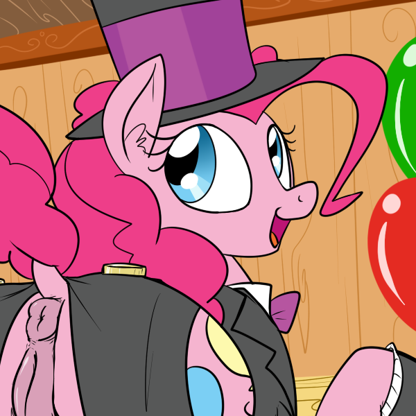 balloons blue_eyes bow_tie equine female friendship_is_magic hair hat horse mammal my_little_pony pink_hair pinkie_pie_(mlp) pony pussy reiduran smile solo suit top_hat tuxedo