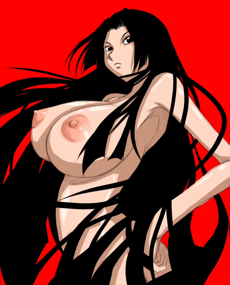 amazon armpits bad_id bad_pixiv_id black_eyes black_hair boa_hancock breasts hand_on_hip huge_breasts jagi_(nexboy) long_hair nipples nude one_piece red_background simple_background sketch solo very_long_hair