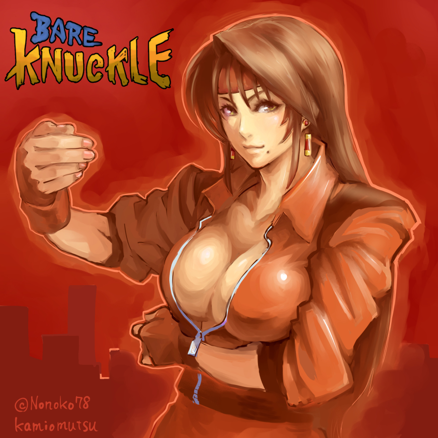 bandana banned_artist bare_knuckle blaze_fielding breasts brown_eyes brown_hair earrings fingerless_gloves gloves jacket jewelry kamiomutsu large_breasts long_hair looking_at_viewer martial_arts md5_mismatch mole resized signature twitter_username upscaled