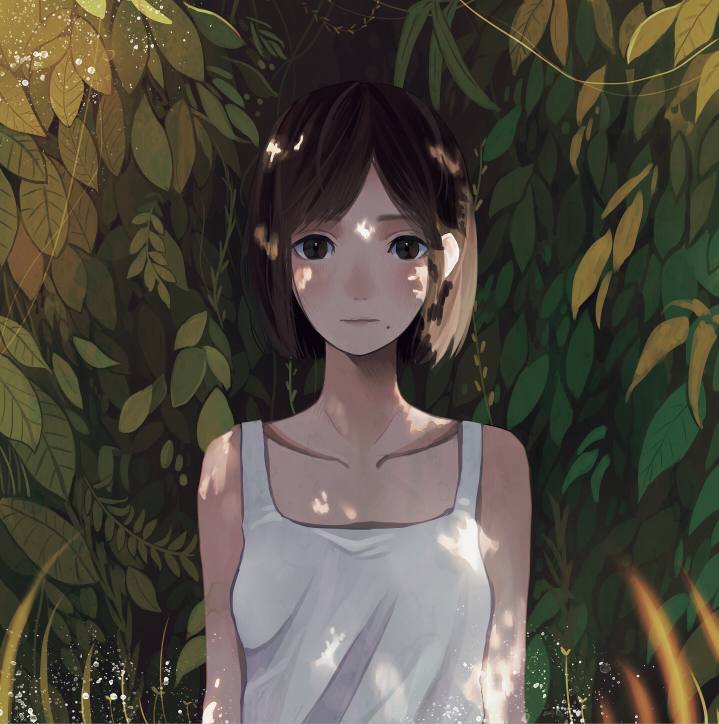 brown_eyes brown_hair collarbone dappled_sunlight leaf looking_at_viewer mole mole_under_mouth original shinobu_(kobanatu) short_hair solo sunlight