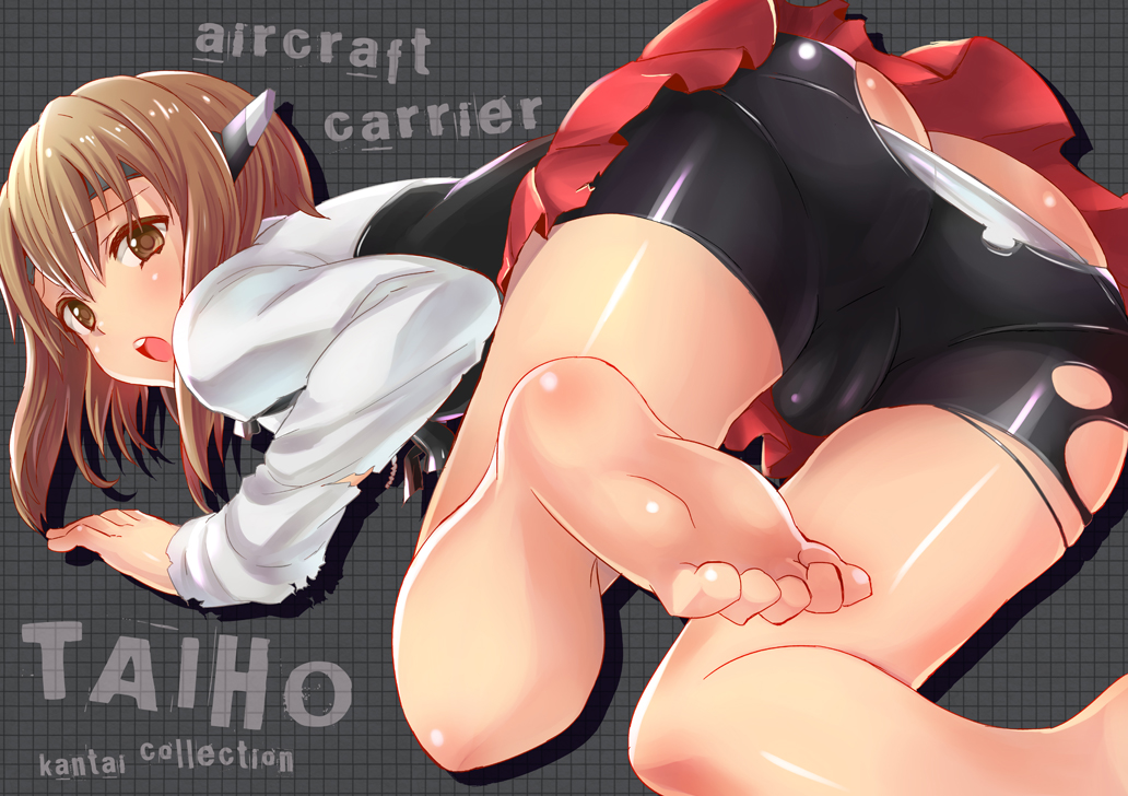 :o all_fours ass barefoot bike_shorts blush brown_eyes brown_hair cameltoe character_name copyright_name english feet flat_chest headband headgear kantai_collection looking_at_viewer looking_back open_mouth pleated_skirt short_hair shorts shorts_pull skirt solo taihou_(kantai_collection) torn_bike_shorts torn_clothes yumi_yumi