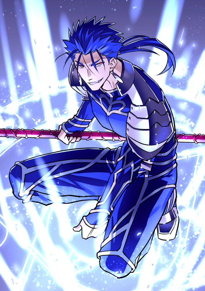 blue_hair earrings fate/stay_night fate_(series) gae_bolg jewelry kon_manatsu lancer long_hair magic_circle male_focus polearm ponytail red_eyes solo spear squatting weapon