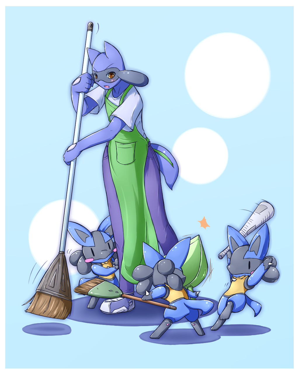 angry anthro black_eyes blue_fur broom canine clothing day-t dust_pan fight fur group lucario mammal newspaper nintendo open_mouth plain_background pok&#233;mon pok&eacute;mon riolu video_games