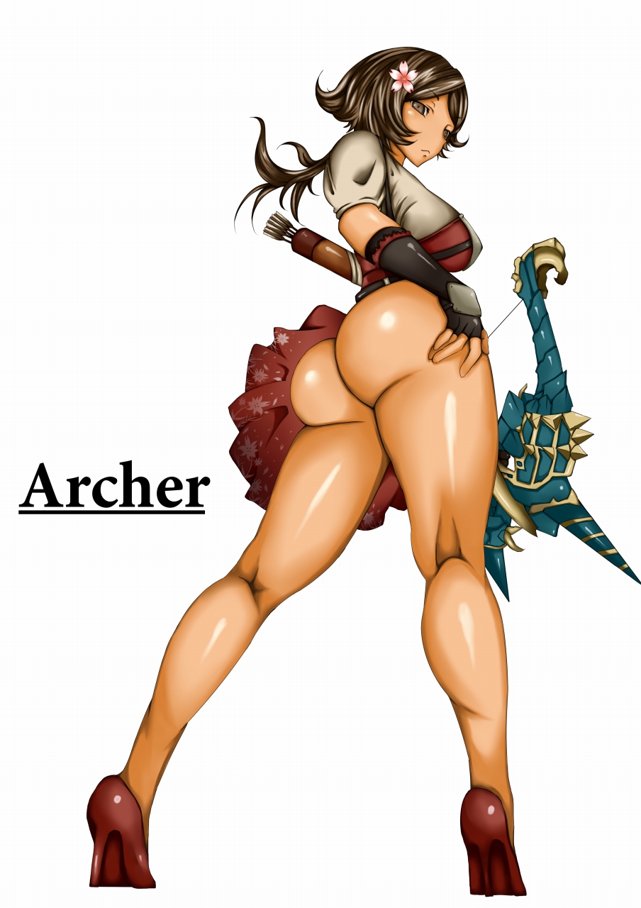 armor arrow ass bottomless bow_(weapon) breasts brown_eyes brown_hair fingerless_gloves flower gloves hair_flower hair_ornament high_heels highres japanese_armor justin_(sera_tony) kote large_breasts long_hair muneate no_panties original ponytail quiver shiny shiny_skin solo weapon