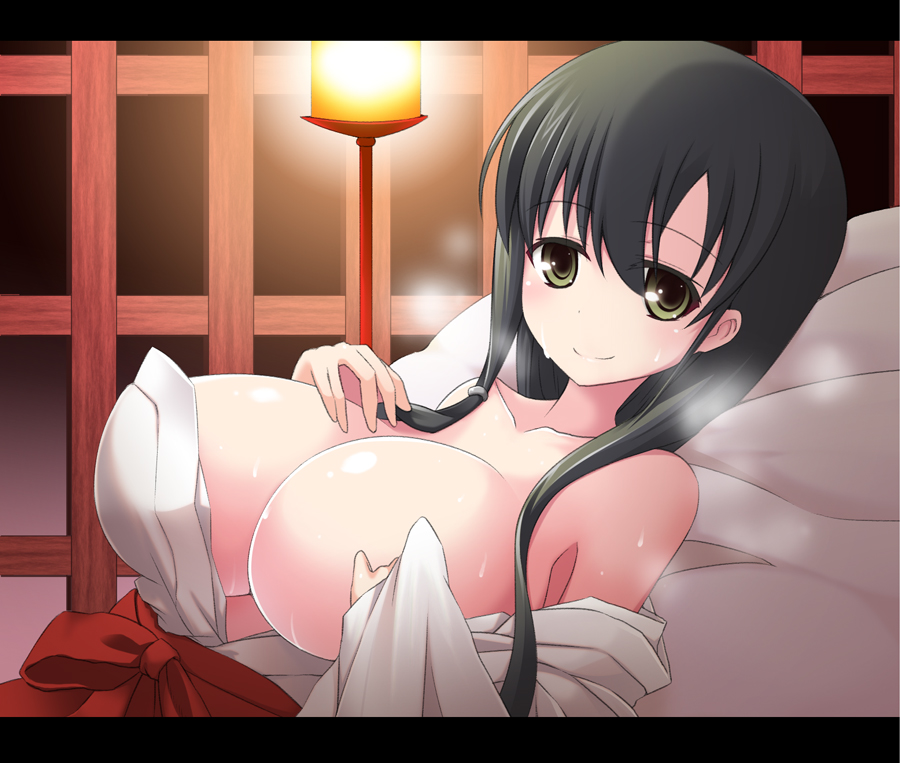 black_hair breasts covering_nipples green_eyes huge_breasts iwato_kasumi japanese_clothes letterboxed long_hair looking_at_viewer lying maririn miko off_shoulder saki smile solo sweat