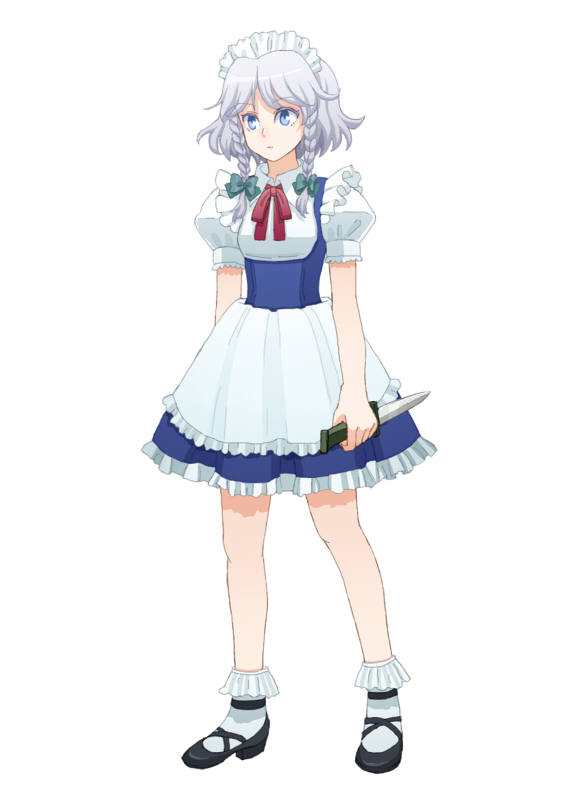 apron blue_eyes blue_skirt bow braid frilled_apron frilled_legwear frilled_skirt frills full_body gradient_hair grey_hair hair_bow holding holding_weapon izayoi_sakuya knife legs maid maid_apron maid_headdress mary_janes marydill multicolored_hair puffy_sleeves ribbon shoes short_sleeves silver_hair simple_background skirt solo touhou twin_braids weapon white_background