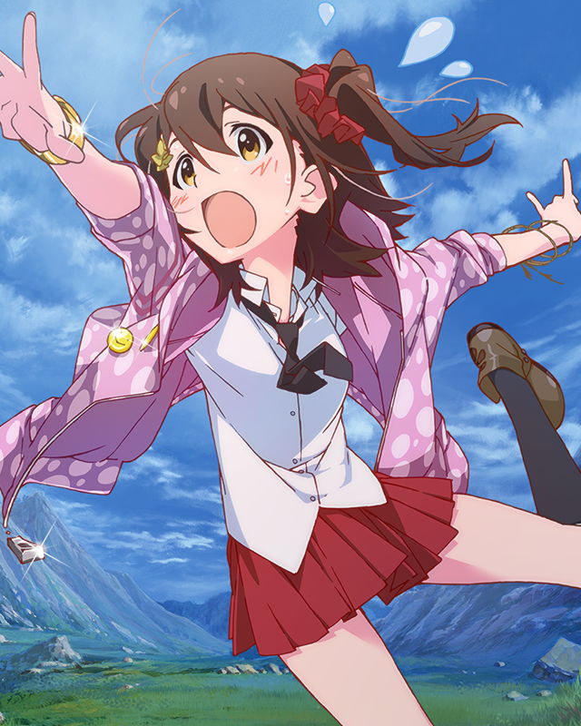 artist_request black_legwear blush bracelet brown_eyes brown_hair flying_sweatdrops hair_ornament hairclip idolmaster idolmaster_million_live! jewelry kasuga_mirai kneehighs necktie official_art one_side_up open_mouth outstretched_arms scrunchie skirt solo spread_arms