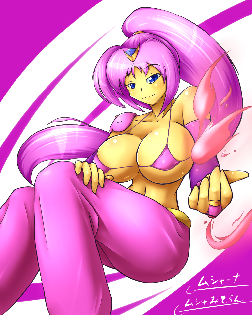 anthro big_breasts blue_eyes breasts clothing day-t elbow_gloves female gloves hair human humanized japanese_text long_hair looking_at_viewer mammal musharna navel nintendo pink_hair plain_background pok&#233;mon pok&eacute;mon solo text translation_request video_games yellow_body