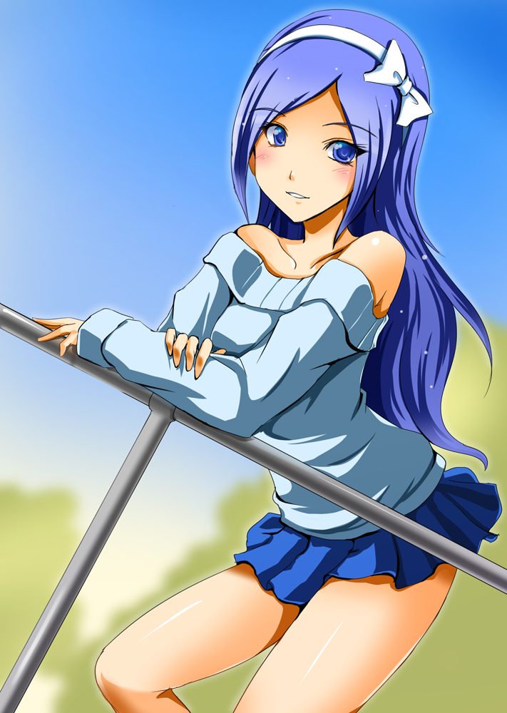 aono_miki bare_shoulders blue_eyes blue_hair blush c-wing eyelashes fresh_precure! hair_ornament hairband happy long_hair looking_at_viewer precure skirt smile solo standing sweater