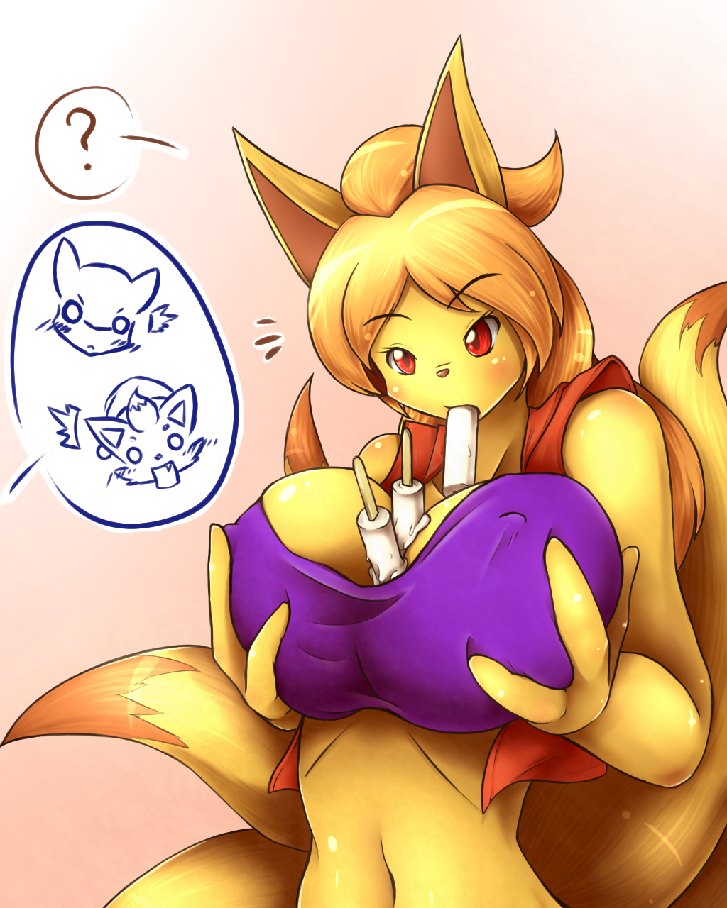 ? anthro big_breasts blonde_hair blush breast_grab breasts canine clothing day-t erect_nipples eyebrows eyelashes female food fox hair ice_cream long_ears long_hair mammal multiple_tails navel ninetales nintendo nipples plain_background pok&#233;mon pok&eacute;mon popsicle quilava red_eyes suggestive_food surprise video_games yellow_body zorua