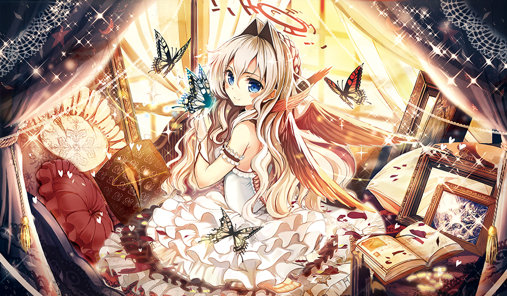 akabane_(zebrasmise) bare_shoulders blonde_hair blue_eyes blush bug butterfly curtains dress halo insect long_hair md5_mismatch original pillow pointing pointing_at_viewer sitting smile solo