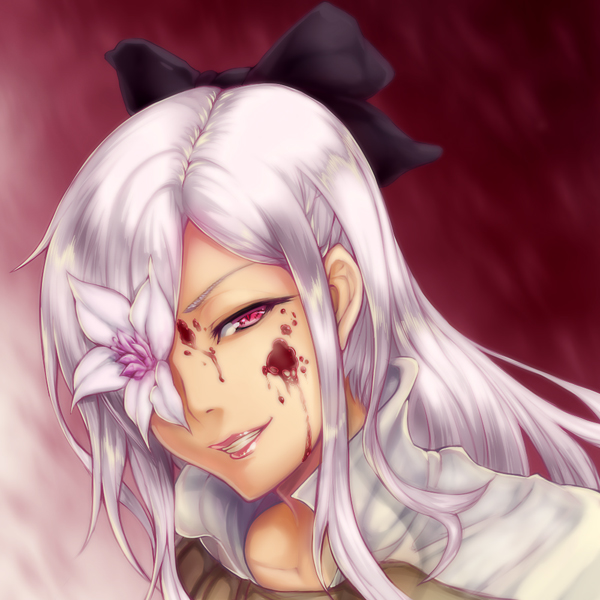 bad_id bad_pixiv_id blood blood_on_face bow drag-on_dragoon drag-on_dragoon_3 face flower flower_eyepatch grin hair_bow hair_over_one_eye karei_(zeroseed) lipstick long_hair makeup popped_collar red_eyes smile solo white_hair zero_(drag-on_dragoon)