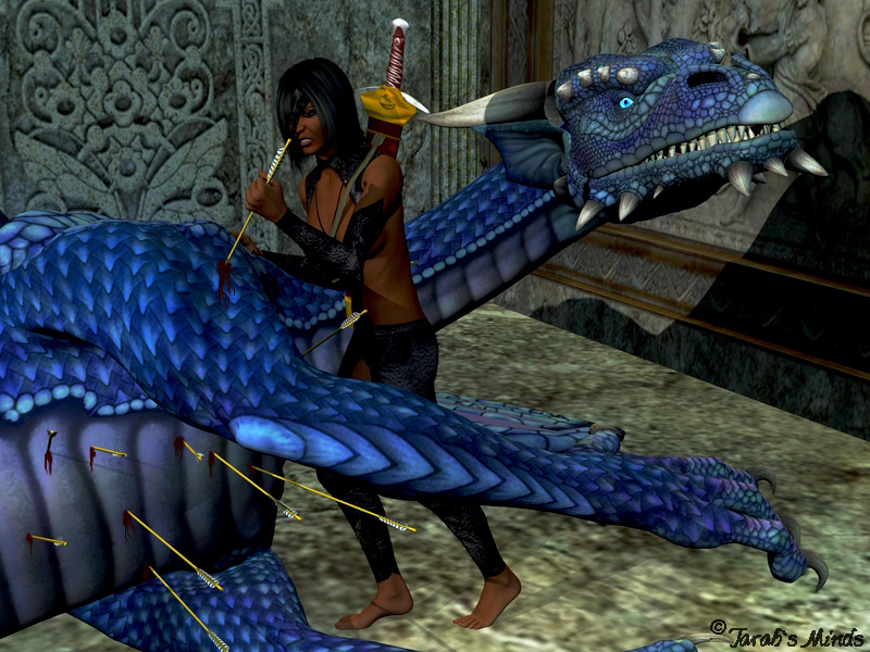 3d arrow arrowed blood blue_eyes blue_scales dragon duo female human lying mammal size_difference standing sword weapon