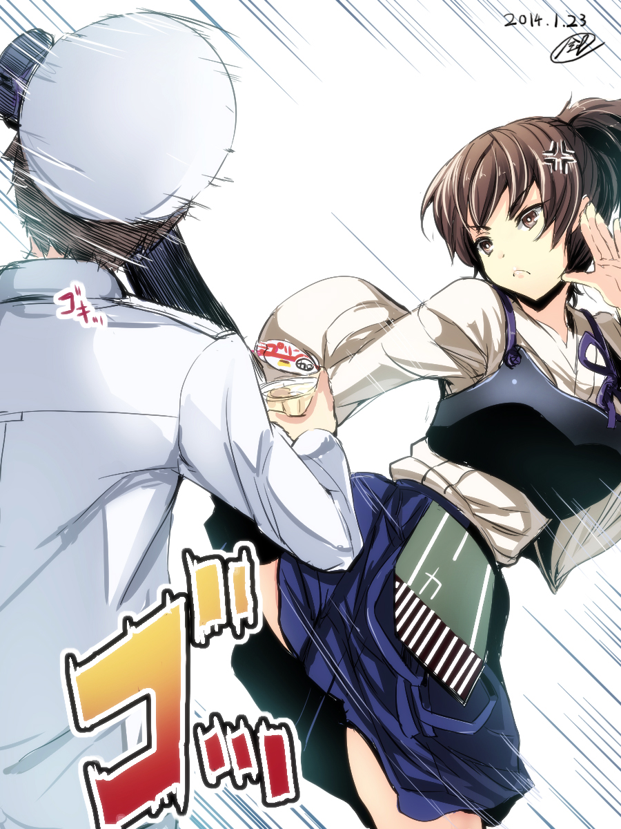 1girl 2014 :&lt; admiral_(kantai_collection) anger_vein back black_legwear blush brown_eyes brown_hair gin'ichi_(akacia) hat highres jacket japanese_clothes kaga_(kantai_collection) kantai_collection kicking military military_uniform muneate naval_uniform pants short_hair side_ponytail skirt thighhighs translated uniform